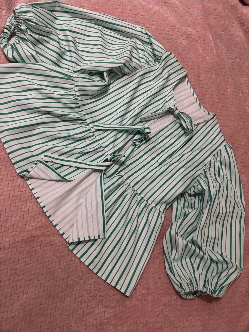Striped Green and White Peplum Waist Tie Skirt